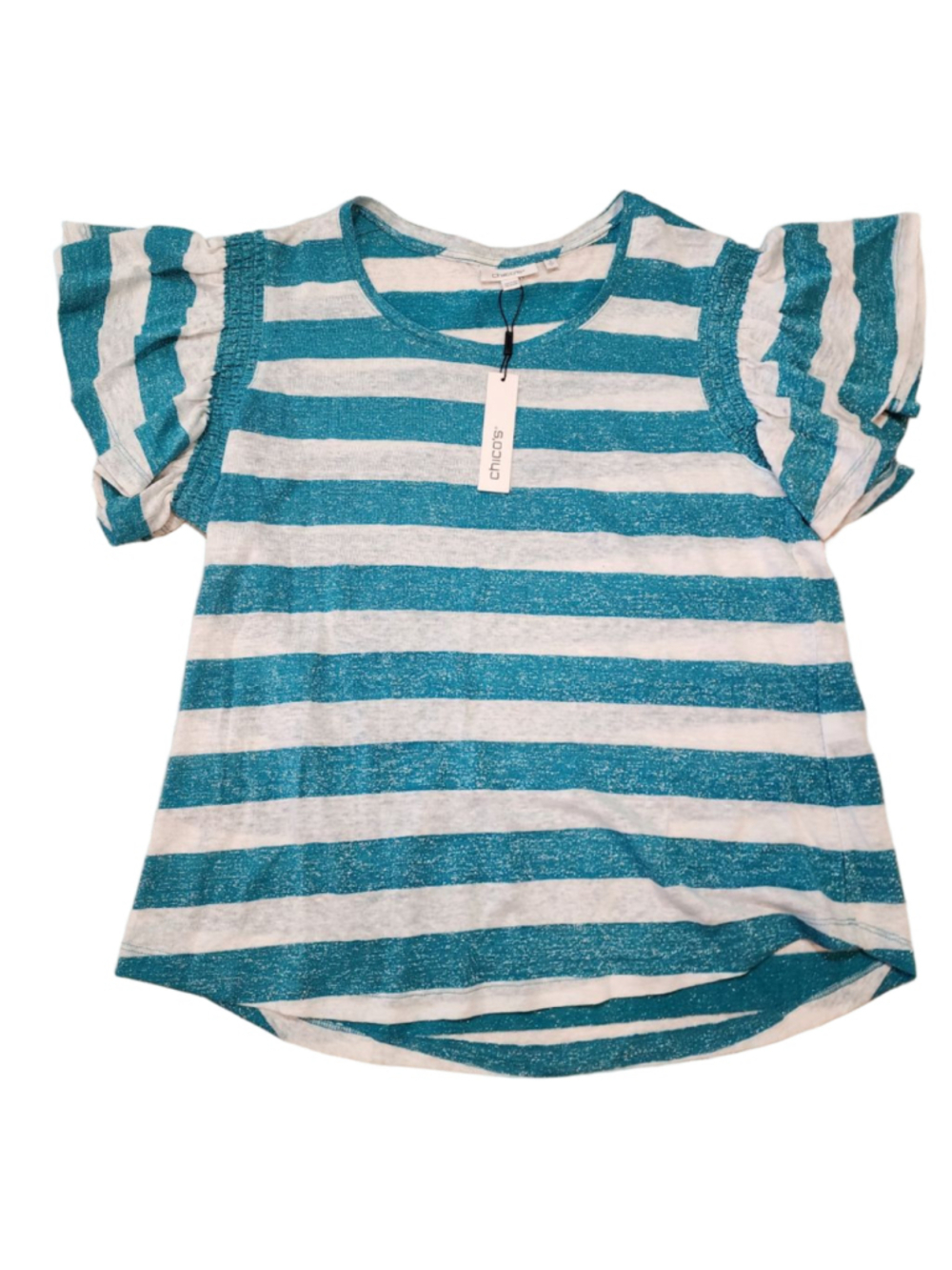 Chicos NWT Linen Lurex Stripe Smocked Tee Seaspray Teal Metallic Top Size 2 L XL